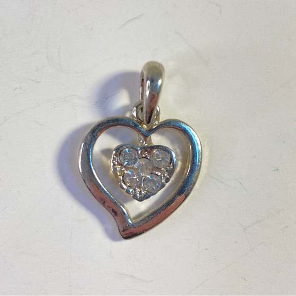 Vintage Jewelry - Vintage Silver Tone Rhinestone Double Heart Pendant